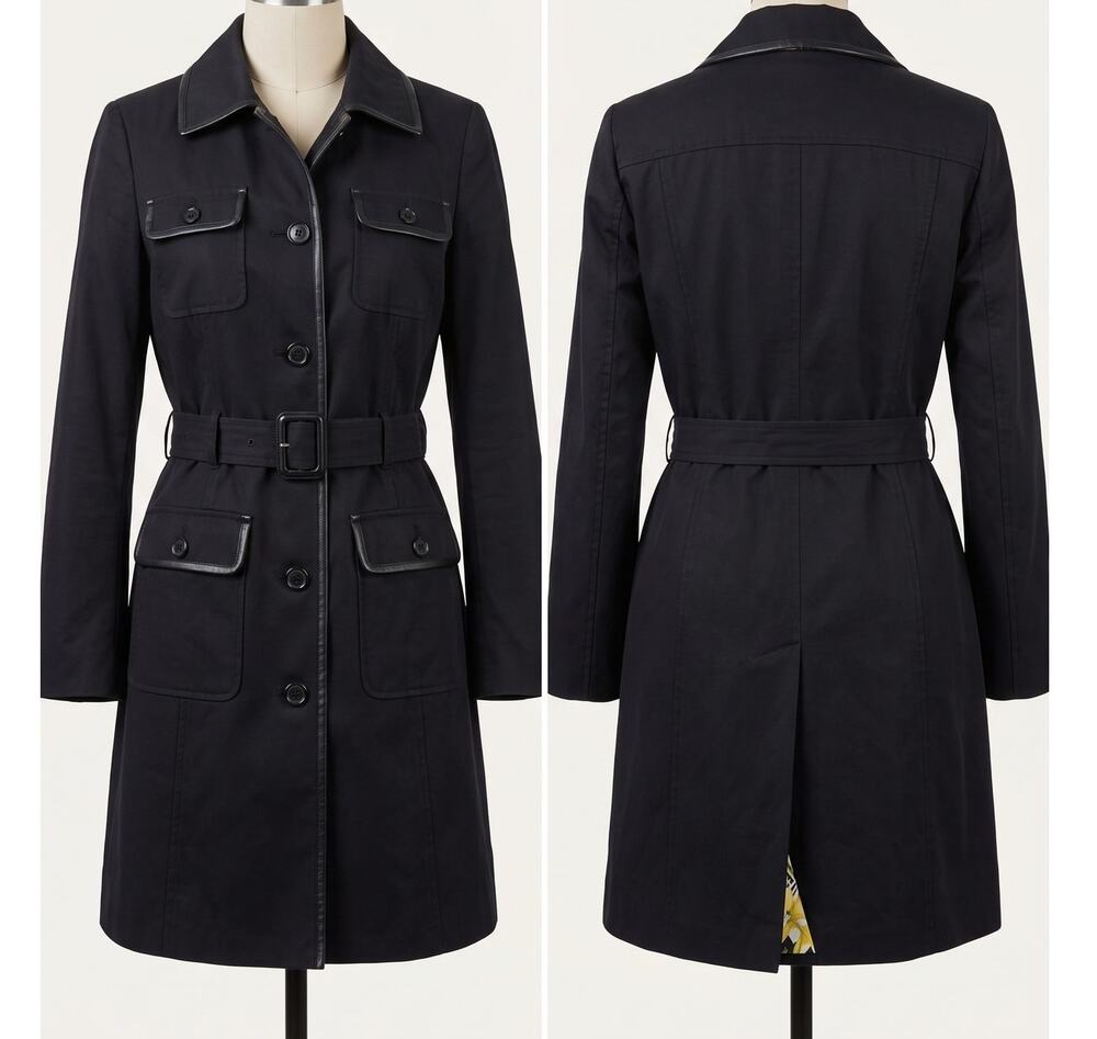 Via Spiga Women's Black 100% Cotton Belted Trench Coat Pleather Trim XS
